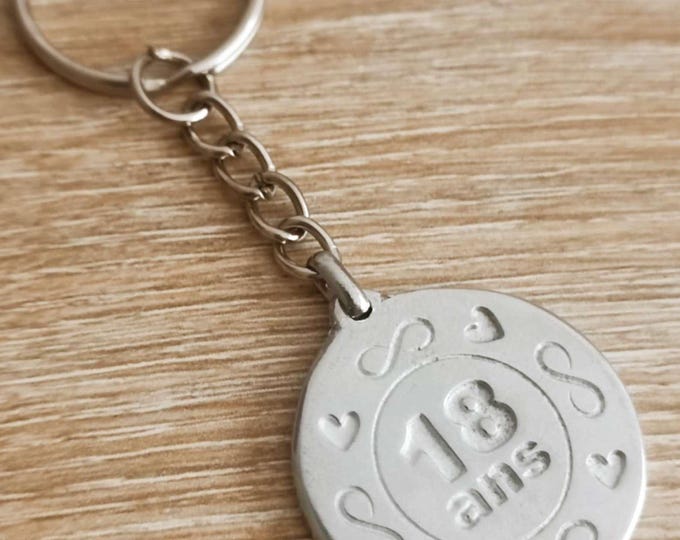 Birthday key ring - 18 years old - with leaves - raw tinplate - ø30mm