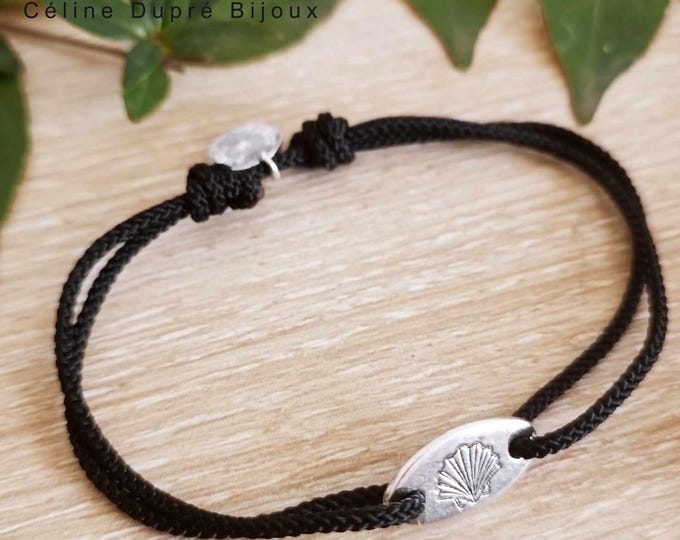 Scallop Shell Bracelet - Oval 8x16mm white iron 925 silver finish - adjustable braided cord of your choice