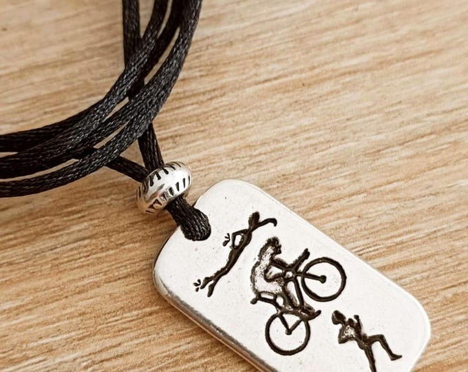 Triathlon Necklace - tin plate with 925 silver finish - Rectangle 16x29mm - adjustable cord