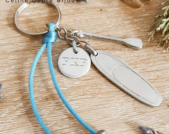 Key ring / Bag jewelry - "Paddle/Surf/kite...." - in raw tinplate + cord and beads