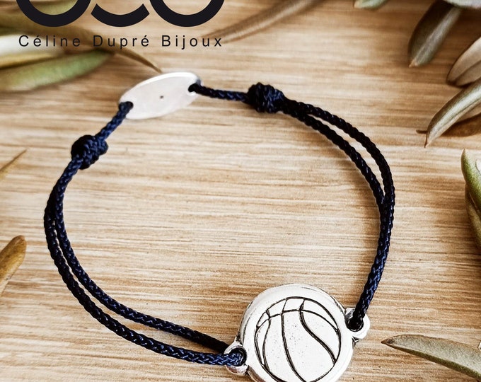 "Basketball" bracelet, white iron, 925 silver finish - ø16mm - Adjustable cord of your choice