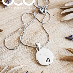 Necklace to say I love you, love - round medallion ø18mm with "Little hollow heart" tinplate silver finish - customizable