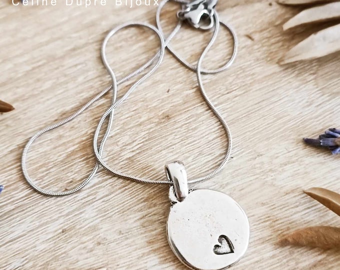 Necklace to say I love you, love - round medallion ø18mm with "Little hollow heart" tinplate silver finish - customizable