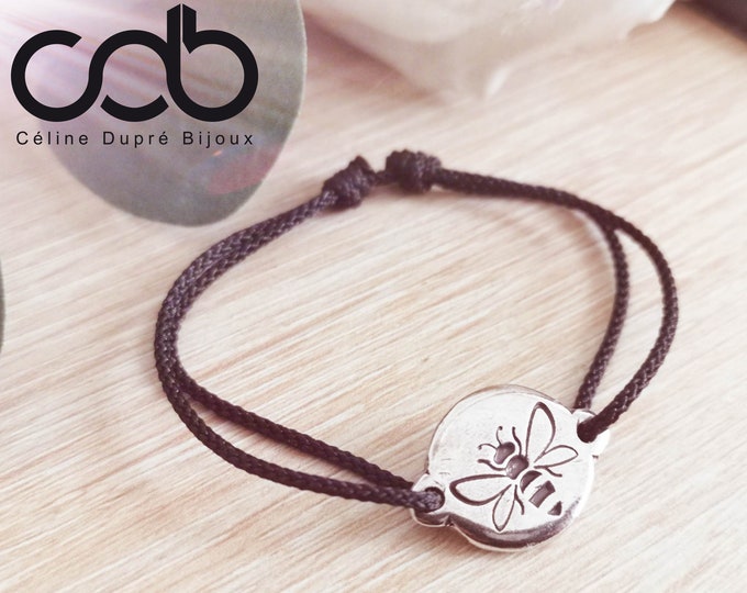"Bee" bracelet - ø15mm in tinplate with 925 silver finish + cord