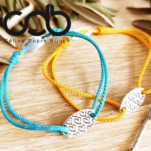 New - Thin adjustable bracelet &quot;Heart, love, love&quot; - with small oval medallion 8x15mm - color and cord of your choice