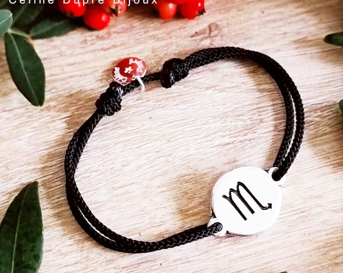 Scorpio Zodiac Sign Bracelet - 925 Silver Finish Medal - ø16mm - Adjustable cord of your choice