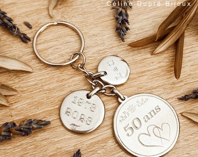 Key ring for birthday -18/20/30/35/40/50/60/70/80/90/100 years - raw tinplate with cord - customizable