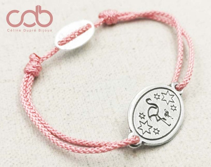 Adjustable bracelet "pink flamingo" oval medallion - tinplate silver finish 925