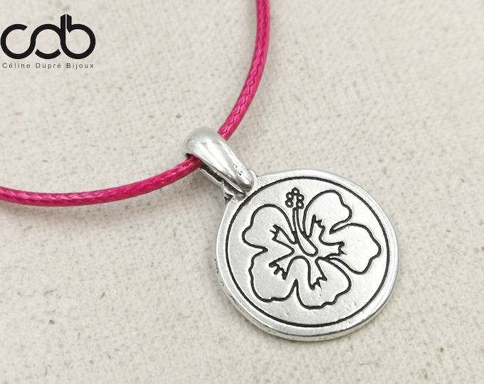 "Hibiscus" necklace ø20mm" tinplate finish 925 silver - Choice of cotton cord color