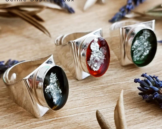 Ring with resin cabochon and tinplate glitter - gift for tinplate wedding