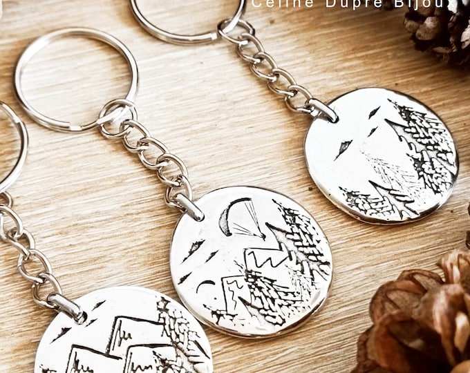 Mountain / Forest / Paragliding Collection - Key ring with ø30mm medal in white iron with silver finish
