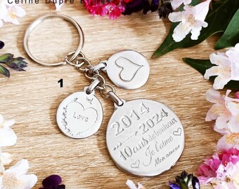 Key ring for your tinplate wedding with 3 medals, limited series 2014/2024 - customizable with engraving