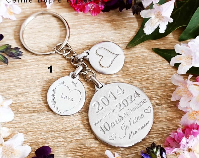 Key ring for your tinplate wedding with 3 medals, limited series 2014/2024 - customizable with engraving