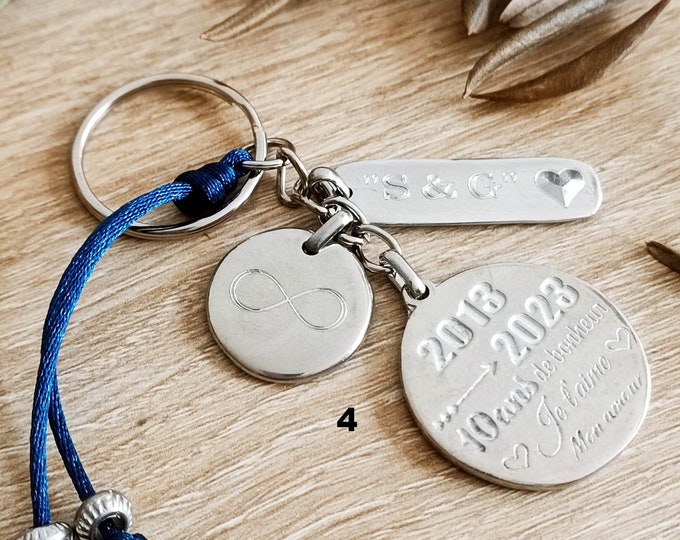 Key ring for your tinplate wedding - 10 years of marriage - anniversary - events + cord with pearls