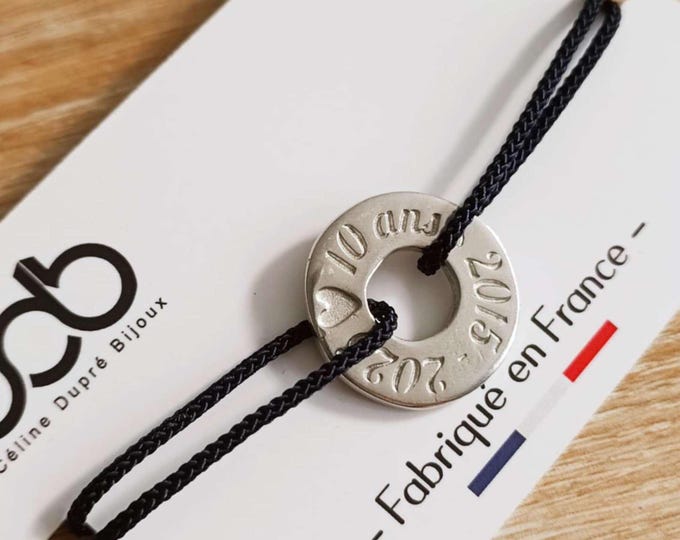 Bracelet for your tin wedding - Ring with text "10 years 2015/2025) - adjustable cord ø1.50mm