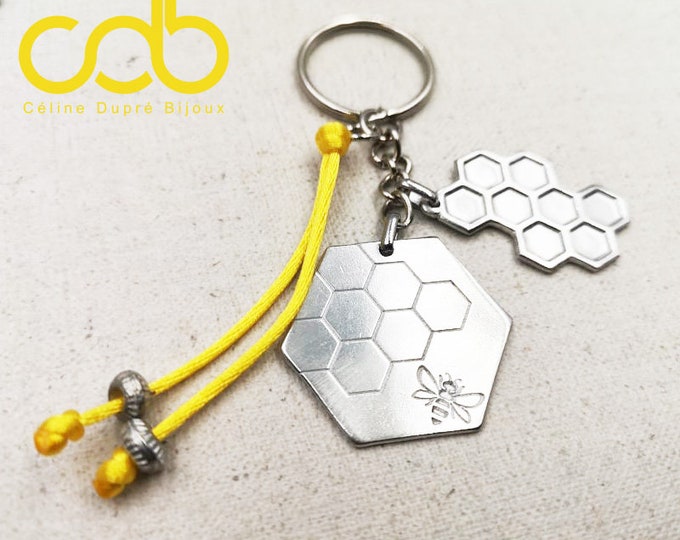 Key ring "Bees / hive" with 2 medals + cord and beads