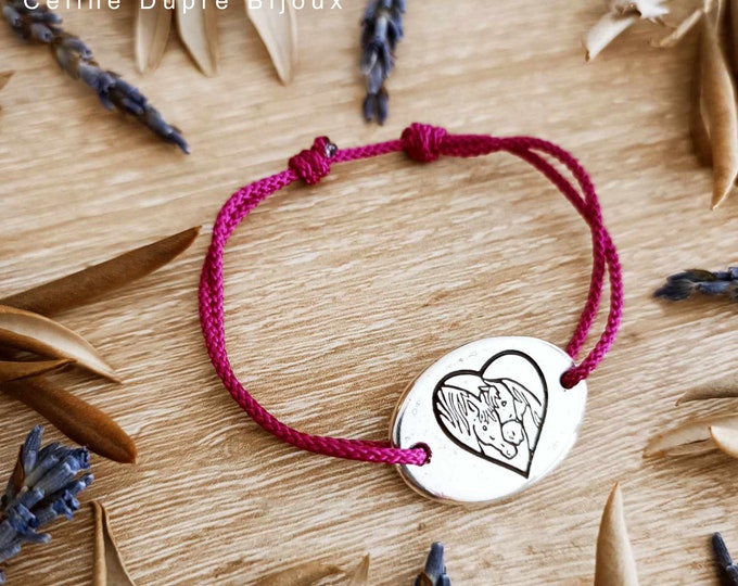 Horse bracelet - the inseparable with heart - 925 silver finish - Oval 18x25mm - Cord color choice