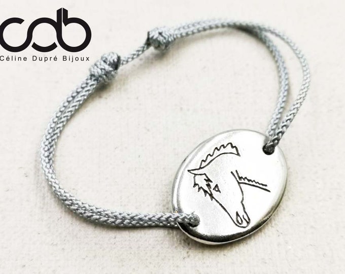 New collection - "Horse" bracelet with 925 silver finish - 18x25mm rectangle - Cord color choice