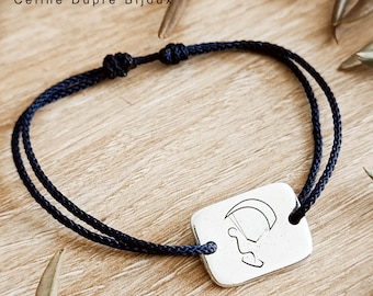 Kitesurf Bracelet - tin plate with 925 silver finish - 15x20mm rectangle - adjustable braided cord of your choice