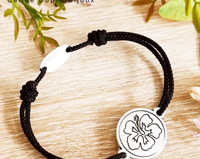 Hibiscus bracelet - ø18mm - adjustable - tinplate with 925 silver finish - braided cord of your choice