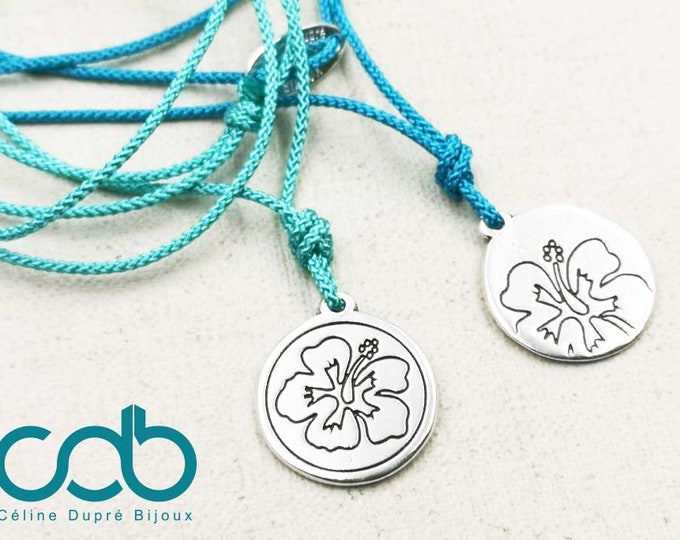 Adjustable necklace "Hibiscus" ø20mm - tinplate silver finish 925 - braided cord of your choice