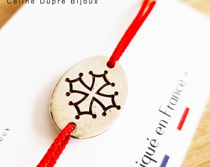 Adjustable Occitan Cross bracelet - 925 silver finish - 17x24mm oval - braided cord of your choice