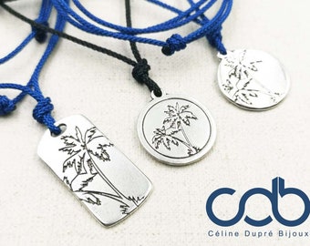 Adjustable necklace "Palm" - tinplate silver finish 925 - medal and braided cord color of your choice
