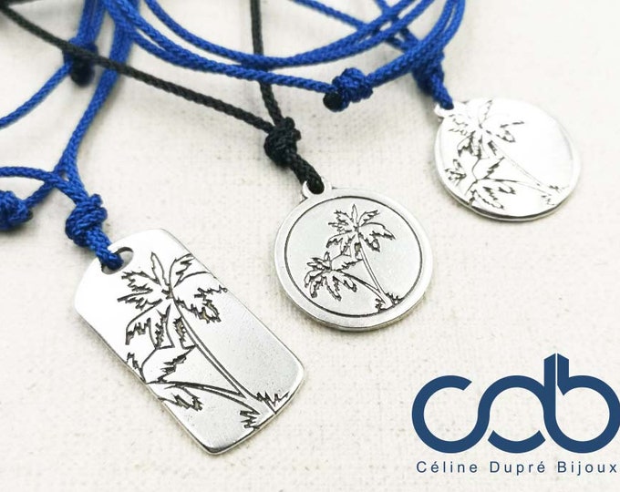 Adjustable necklace "Palm" - tinplate silver finish 925 - medal and braided cord color of your choice