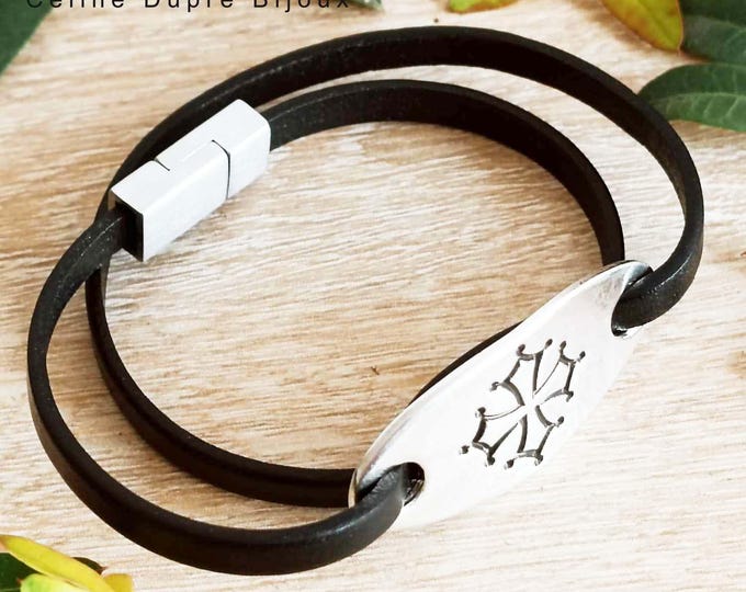 5x2mm leather bracelet with "Occitan Cross" - double turns