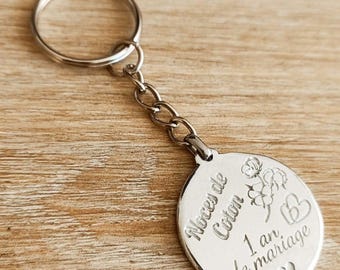 Raw tin heart keychain - 1st wedding anniversary - Cotton anniversary - round ø30mm