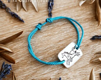 Horse bracelet - Mare with foal - 925 silver finish - Rectangle 15x19mm - Cord color choice