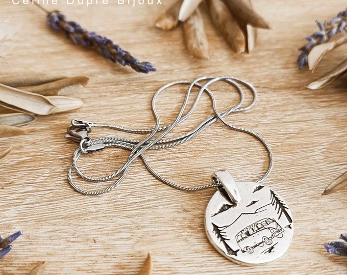 Van life style - pendant with or without chain - ø20 medal in white iron with 925 silver finish