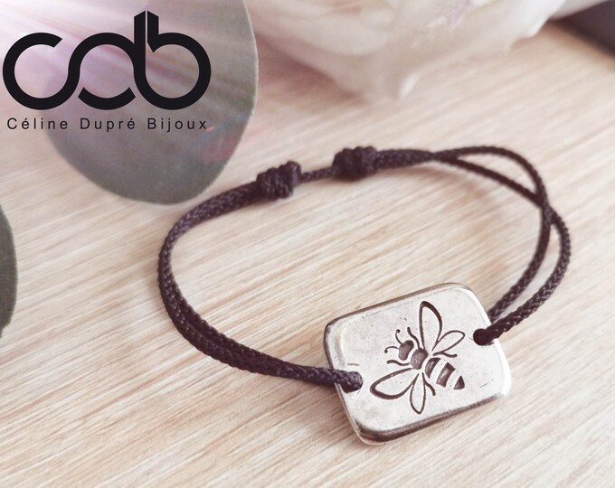 Bracelet "Abeille" - ø20mm tin silver finish 925 + cord