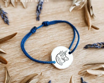 Unicorn bracelet - 925 silver finish - Round ø20mm - Cord color choice