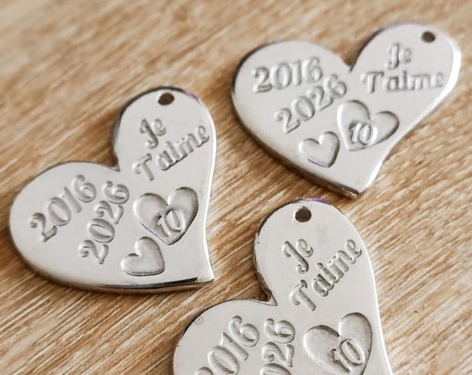 Raw tinplate medal 2016/2026 - Heart 30x35mm - with "I love you"