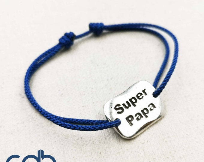 Adjustable bracelet "Super papa" rectangle 14x20mm tin silver finish 925 - braided cord of your choice