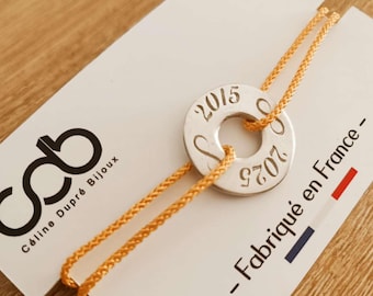 Bracelet for your tin wedding - Ring with text "2015/2025 + infinity - adjustable cord ø1.50mm