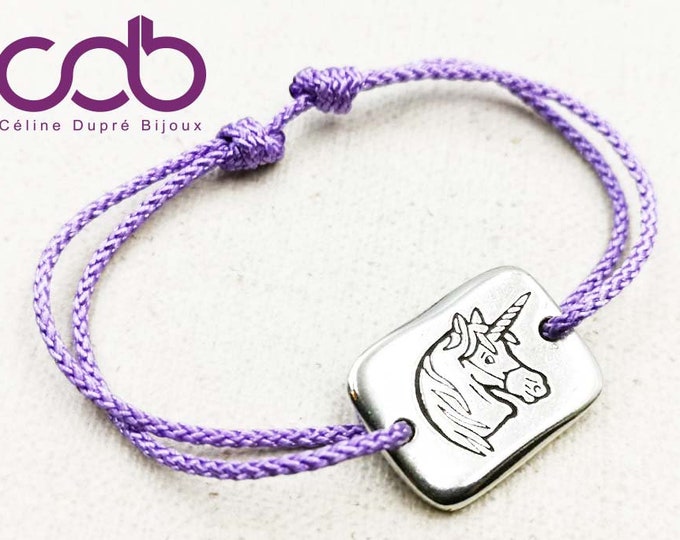 Unicorn bracelet - 925 silver finish - 13x18mm rectangle - Cord color choice
