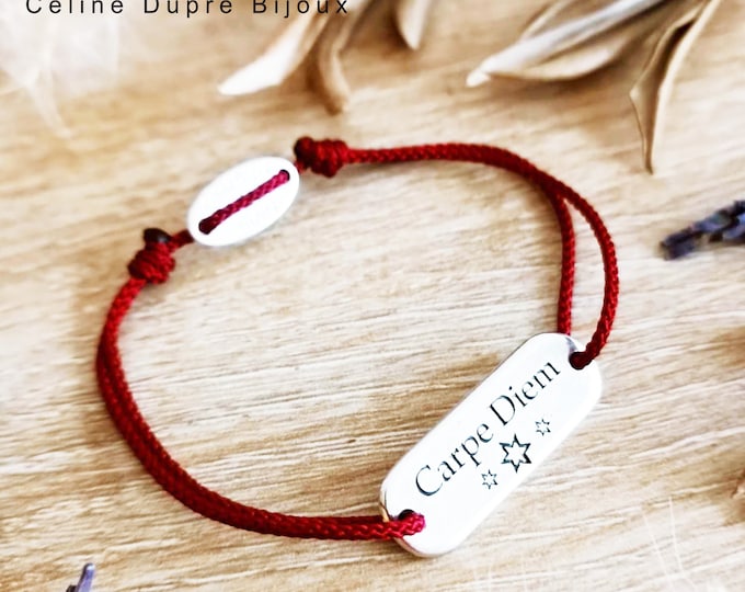 Carpe Diem bracelet - rectangle 10x30mm in white iron with 925 silver finish - cord color of your choice.