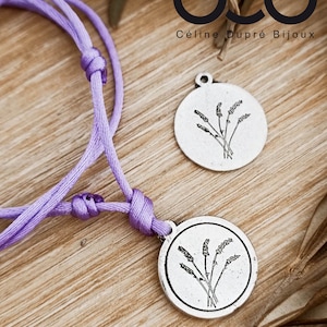 Lavender adjustable necklace - 925 silver finish tinplate - medal and cord color of your choice