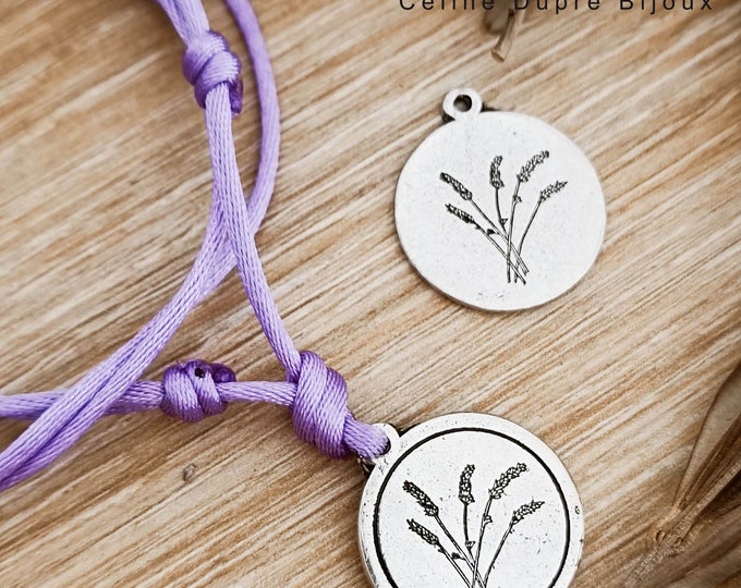 Lavender adjustable necklace - 925 silver finish tinplate - choice of medal and cord color