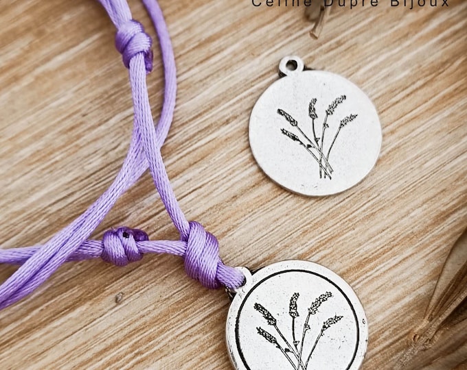 Lavender adjustable necklace - 925 silver finish tinplate - choice of medal and cord color