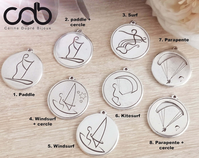 Paddle, Windsurf, Surf, Paragliding key ring - Pewter with 925 silver finish - ø30 mm - medal of your choice