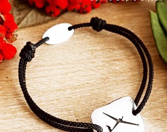 Adjustable bracelet "Planeur" rectangle 15x20mm tinplate finish 925 silver - braided cord of your choice