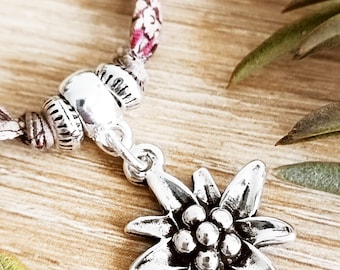 Edelweiss Mountain bracelet with adjustable floral cord ø20mm" - 925 silver finish