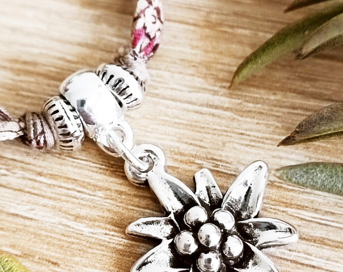 Edelweiss Montagne bracelet with adjustable floral cord ø20mm" - 925 silver finish