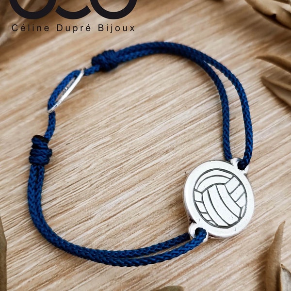 Bracelet Volley ball - en  étain finition argent 925 - ø16mm - cordon tressé au choix