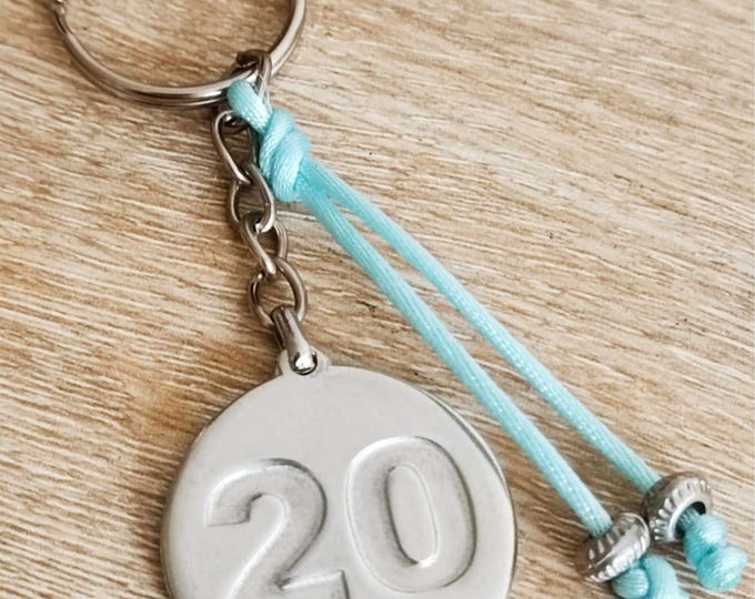 Birthday key ring - 20 - raw tinplate - ø30mm - with beads and cord - Made in France