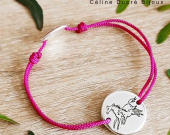 Horse bracelet "Mare with foal" 925 silver finish - Round ø20mm - Choice of cord color