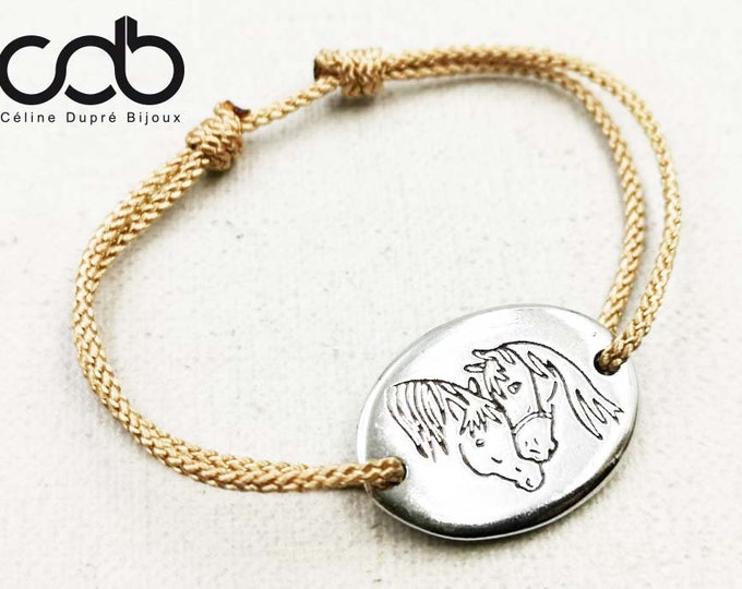New collection - Bracelet "Horses - the inseparable" silver finish 925 - rectangle 18x25mm - Cord color choice